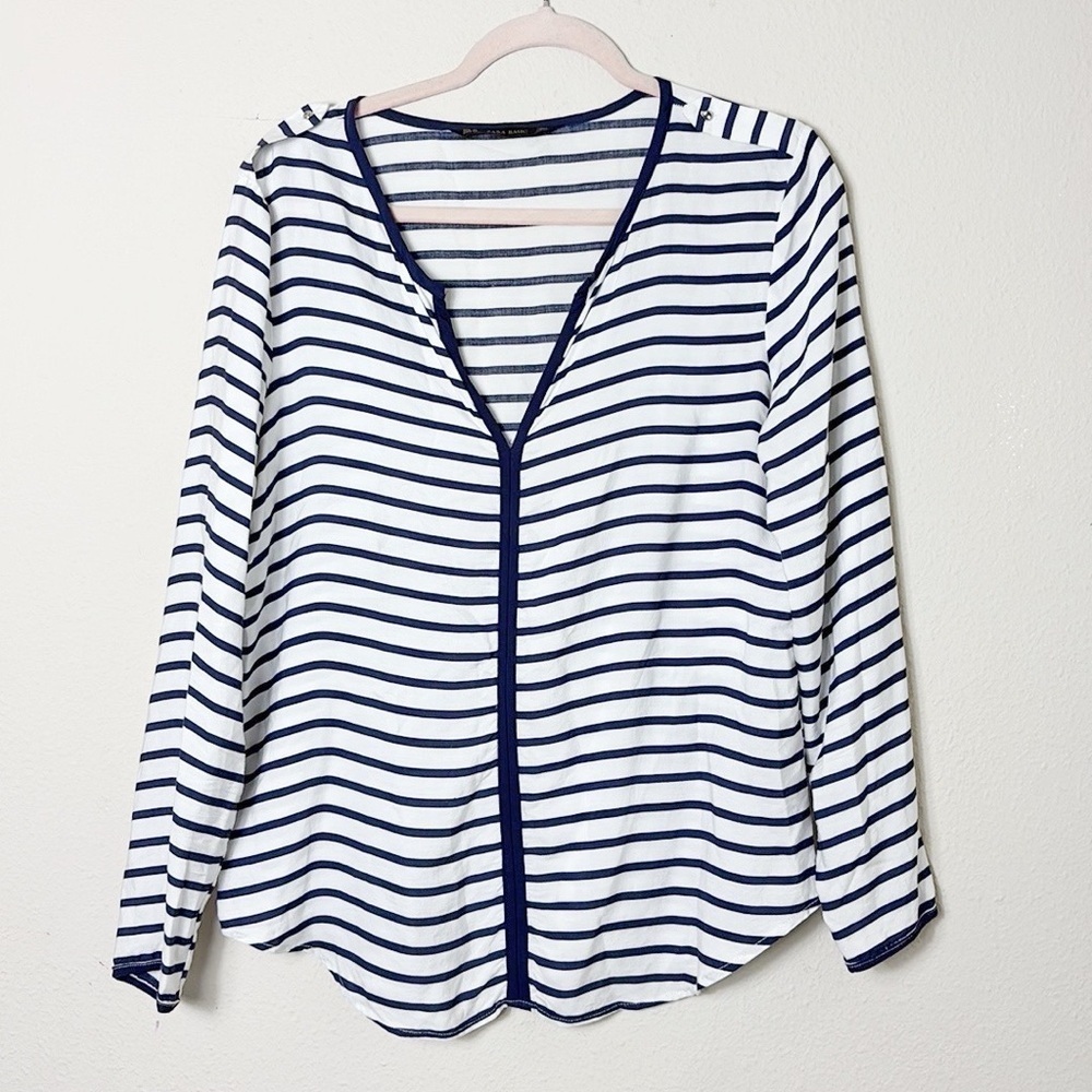 Zara Stripe White Navy Blue Tunic Top V-neck Long Sleeve Blouse size Medium